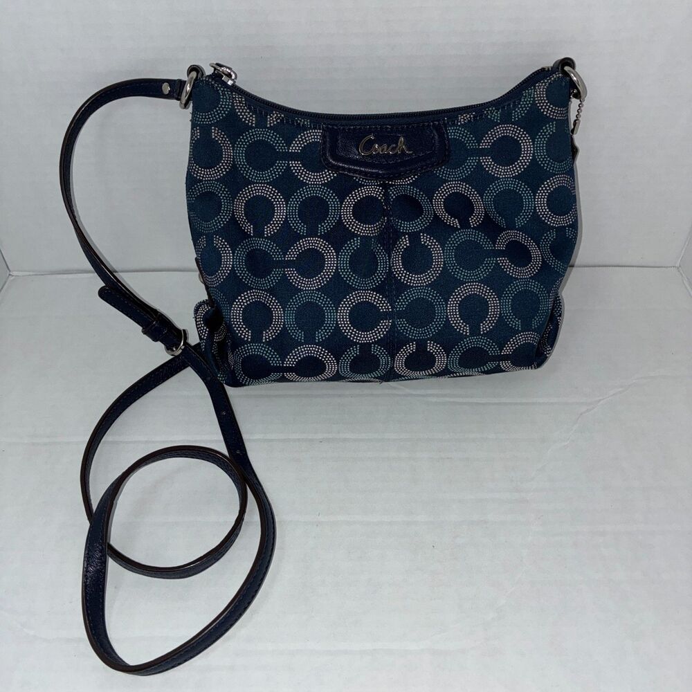 Coach Ashley Dotted Op Art Crossbody Bag Blue Navy Canvas Shimmer Vintage
